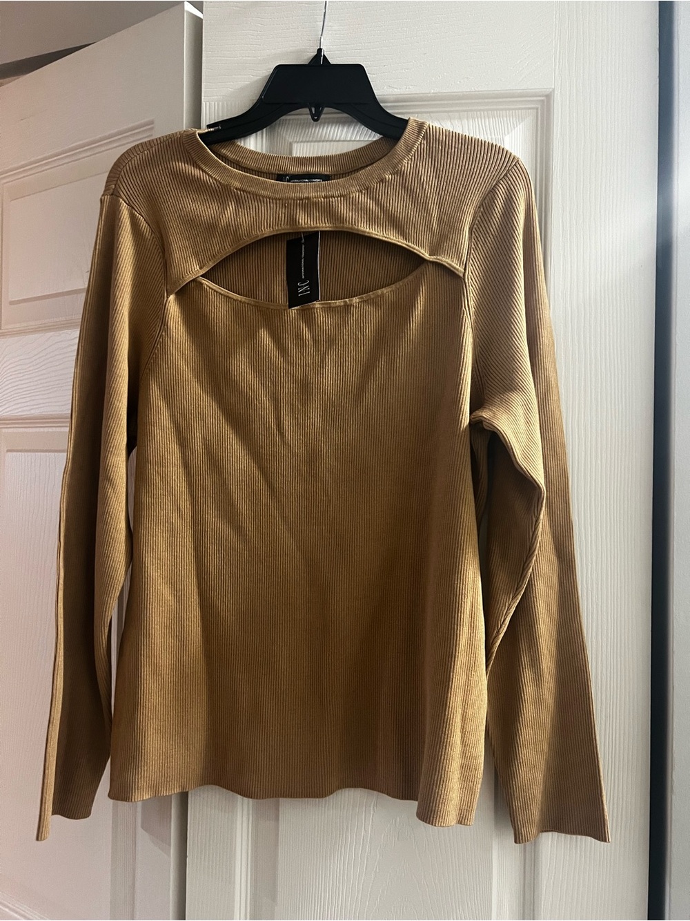 INC International Concepts Ribbed Crewneck Top with Front Cutout - Tan